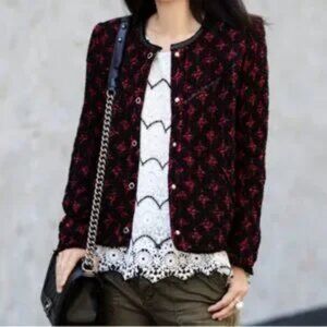 Womens Iro Handi Red Black Leather Trim Snap Tweed Jacket Blazer 36 US/S (4)